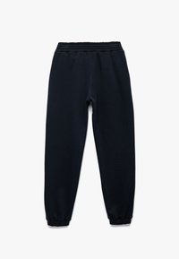 Mørkeblå sweatpants med elastisk talje og tapered manchetter; fremstillet af blødt stof med en glat tekstur uden mønstre.