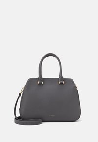 Gray synthetic handbag with dual handles, gold-tone hardware accents, and a detachable shoulder strap. Features a structured shape and logo detail.
