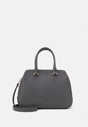 Gray synthetic handbag with dual handles, gold-tone hardware accents, and a detachable shoulder strap. Features a structured shape and logo detail.