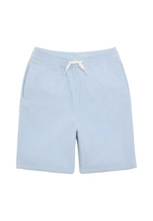 Lyseblå ribstrikkede shorts med elastisk talje og hvide snørebånd, med sidelommer.