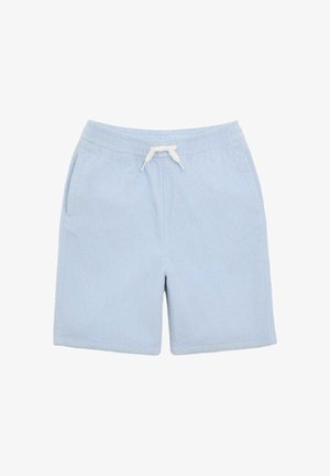 Lyseblå ribstrikkede shorts med elastisk talje og hvide snørebånd, med sidelommer.