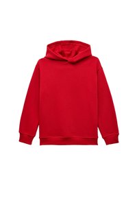 Rød hætte sweatshirt med lange ærmer, lavet af blødt stof. Har ribbede manchetter og kant, glat tekstur og en frontlomme i kangurostil.
