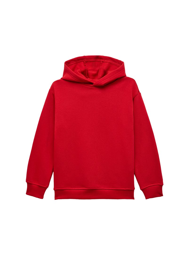 Rød hætte sweatshirt med lange ærmer, lavet af blødt stof. Har ribbede manchetter og kant, glat tekstur og en frontlomme i kangurostil.