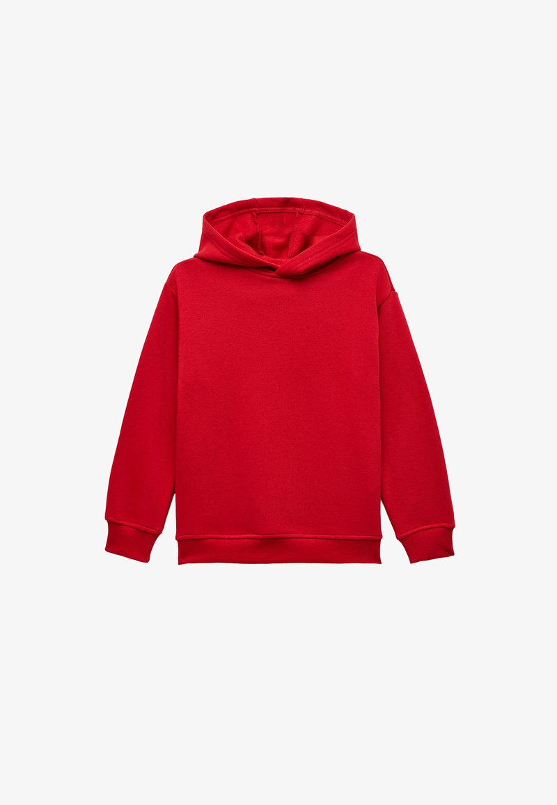Rote Kapuzenjacke mit langen Ärmeln, aus weichem Stoff gefertigt. Verfügt über gerippte Bündchen und Saum, glatte Textur und eine Front-Kängurutasche.