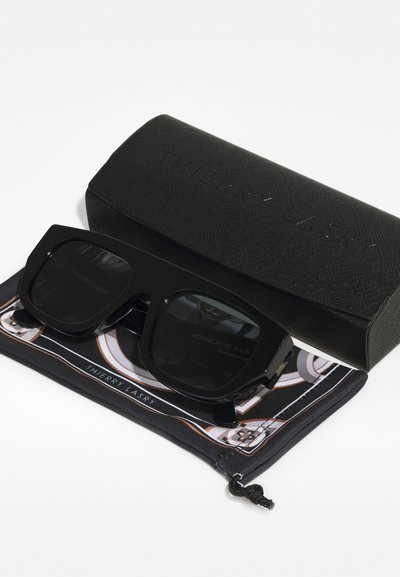 Black square sunglasses with dark lenses, accompanied by a textured black case and a patterned cleaning pouch featuring a drawstring.