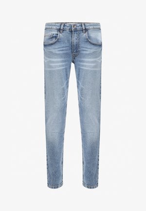 Jeans en denim bleu clair avec une coupe slim, dotés de poches avant, de détails délavés et d'un léger effet de décoloration sur les cuisses.