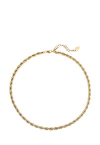 Goldener, verdrehter Halsreifen mit geflochtenem Design, ausgestattet mit einem Karabinerverschluss und einer verstellbaren Kette für Längenvariationen.