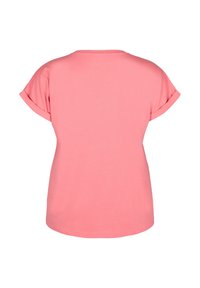 T-shirt rosa a maniche corte, vestibilità rilassata, realizzato in cotone morbido, scollatura rotonda, orlo arrotondato, cuciture minime, senza etichette o dettagli visibili.