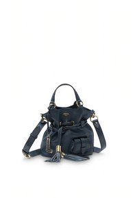 Malá tmavě modrá kožená kabelka s horními úchyty, přední kapsou, stahovací šňůrkou s třásněmi, odnímatelným ramenním popruhem a zlatým kováním.