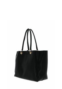 Borsa tote in pelle nera con due manici lunghi, dettagli in metallo dorato e una texture liscia, caratterizzata da un design con apertura superiore e senza motivi visibili.