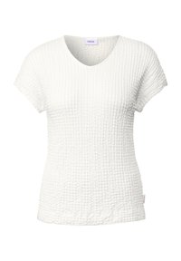 Witte gemêleerde T-shirt met een V-hals, korte mouwen en een licht getailleerde pasvorm. Heeft een subtiel gekreukt patroon. Merklabel zichtbaar.