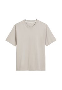 Lichtgrijze, korte mouwen t-shirt van zachte katoen. Kenmerkt zich door een ronde halslijn en rechte snit, zonder zichtbare patronen of hardware.
