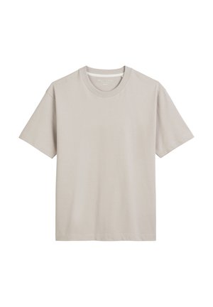 Light grey, short-sleeve t-shirt made of soft cotton. Features a rounded neckline and straight cut, with no visible patterns or hardware.