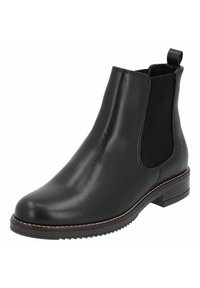 Svarta läderchelsea-boots med elastiska sidopaneler, rund tå, texturerad häl och dekorativ sömnad längs sulkant.