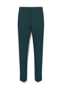 Türkise Hose aus glattem Stoff mit schmalem Schnitt, mit einem Reißverschluss und Knopfverschluss vorne sowie einer Vorderfalte.