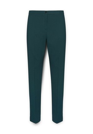 Pantaloni turchesi realizzati in un tessuto liscio con una vestibilità slim, dotati di chiusura frontale con zip e bottone, e dettagli di piega frontale.