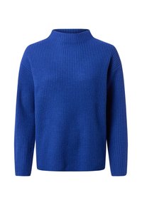 Blauwe geribde trui met hoge hals, lange mouwen en een lose pasvorm. De textuur van het gebreide materiaal zorgt voor een gezellige uitstraling en gevoel.