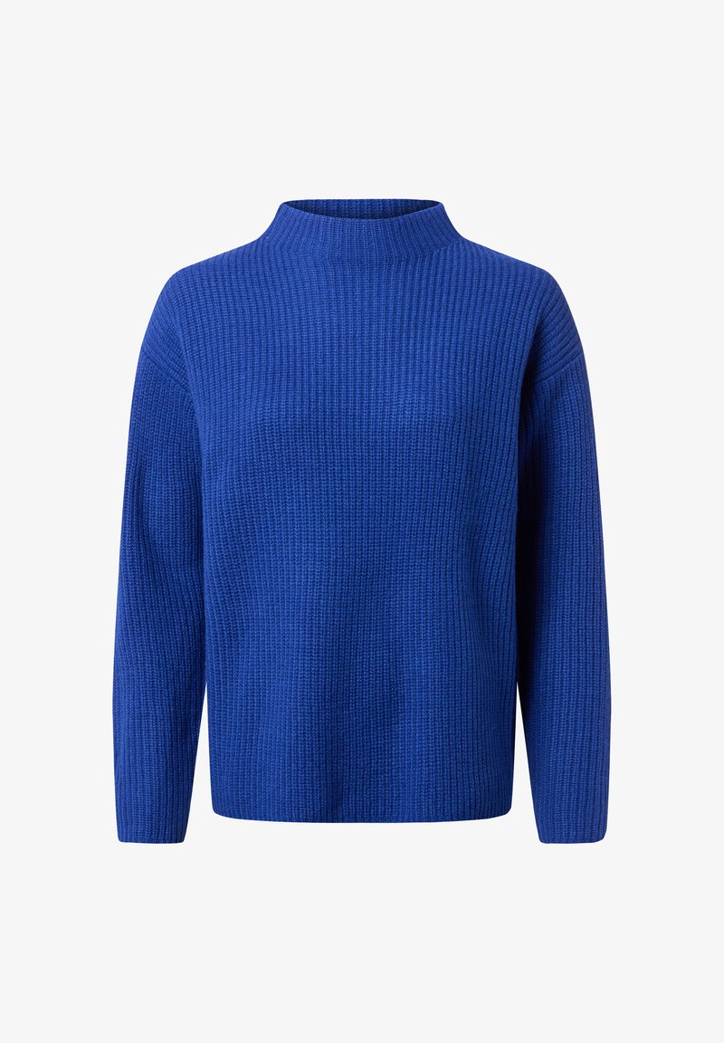 Blauer gerippter Pullover mit hohem Kragen, langen Ärmeln und lockerer Passform. Das strukturierte Strickgewebe verleiht ein gemütliches Aussehen und Gefühl.