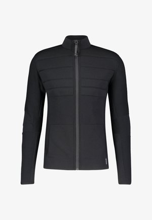 Chaqueta negra con cremallera y cuello alto, paneles texturizados en el pecho y las mangas, y dos bolsillos frontales. Acabado de tela suave.