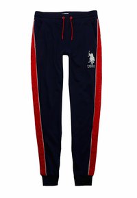 Navy jogger pants with red side stripes, featuring an elastic waistband and drawstring. U.S. Polo Assn. logo in white on the front.