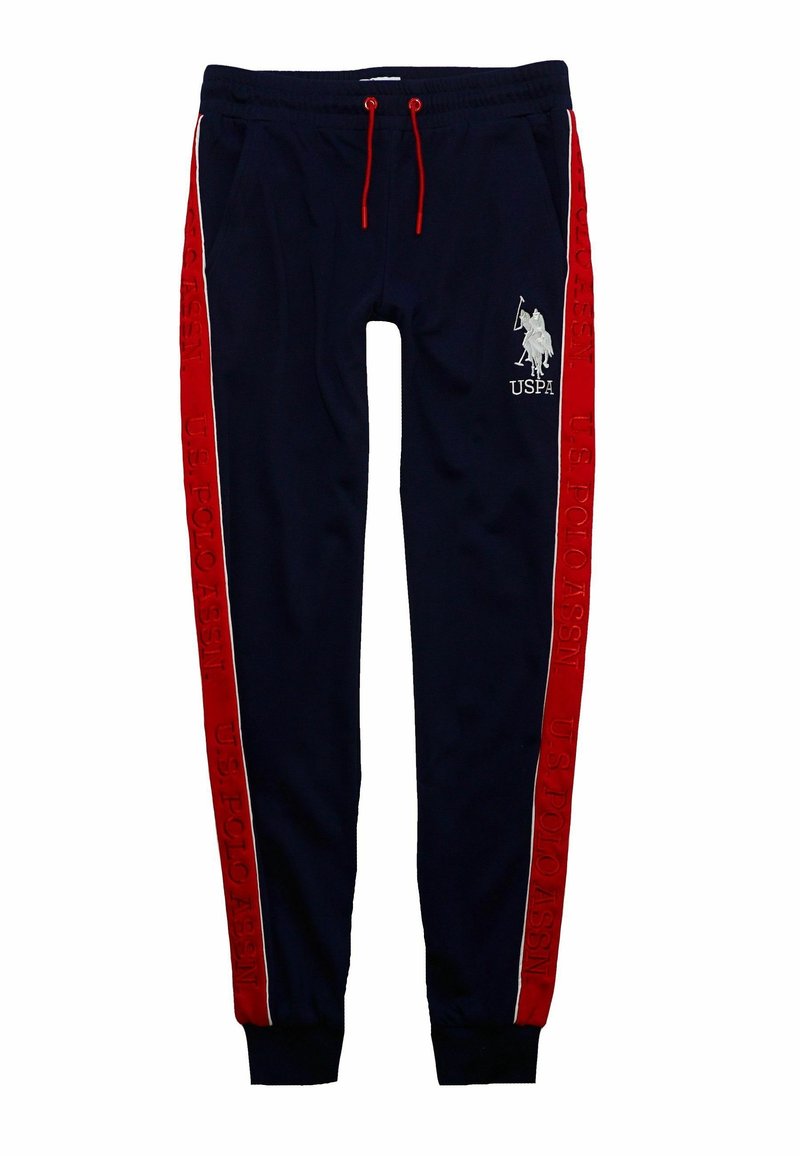 Navy jogger pants with red side stripes, featuring an elastic waistband and drawstring. U.S. Polo Assn. logo in white on the front.