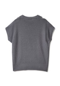 Šedý pletený svetr s krátkými rukávy, žebrovaným lemem a strukturovanou tkaninou. Má bezešvý kokonový tvar a jemný detail na rameni.