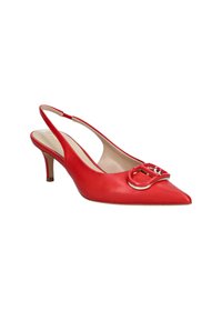 Scarpa slingback rossa in pelle con punta affusolata, tacco basso e dettaglio in metallizzato sulla tomaia. Finitura liscia con accenti minimi.