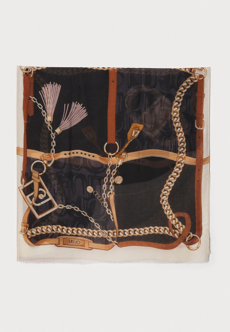Square scarf in dark tones with chain and strap patterns. Features pink tassels and a branded tag. Edges are fringed, adding texture.