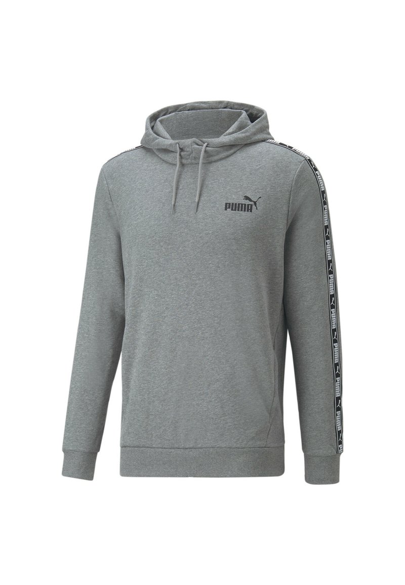 Sudadera con capucha gris hecha de tela suave, con capucha, bolsillo canguro y rayas laterales negras con detalles de logo. Corte clásico con puños acanalados.