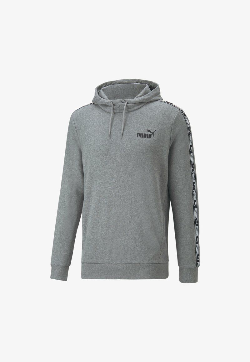 Sudadera con capucha gris hecha de tela suave, con capucha, bolsillo canguro y rayas laterales negras con detalles de logo. Corte clásico con puños acanalados.