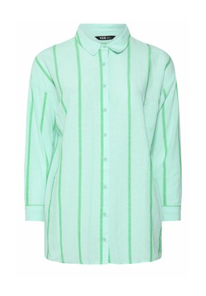 Camicia a maniche lunghe verde chiaro con bottoni, decorata con righe verticali verde scuro e colletto appuntito.