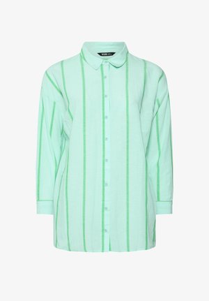 Camicia a maniche lunghe verde chiaro con bottoni, decorata con righe verticali verde scuro e colletto appuntito.