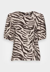 Blusa com padrão de zebras em bege e castanho, com decote redondo, mangas curtas bufantes e um corte descontraído. Tecido suave com uma textura lisa.