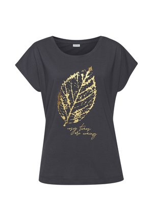 Dark grey short-sleeved T-shirt featuring a golden leaf graphic and the phrase "cozy times are coming" in cursive below the design.