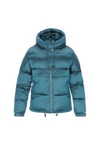 Kurtka puchowa w kolorze morskim z wysokim kołnierzem i kapturem. Posiada poziome, pikowane panele, przedni zamek błyskawiczny oraz ozdobne guziki. Gładka faktura.