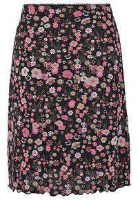 Jupe noire avec petit motif floral rose, blanc et beige et détail d'ourlet festonné.