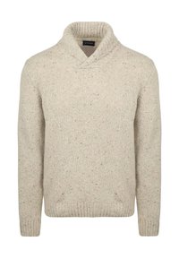 Beige gebreide trui met een sjaalkraag, voorzien van een gestructureerd patroon en geribde manchetten en zoom. Gemaakt van een warme, gezellige wolmix.