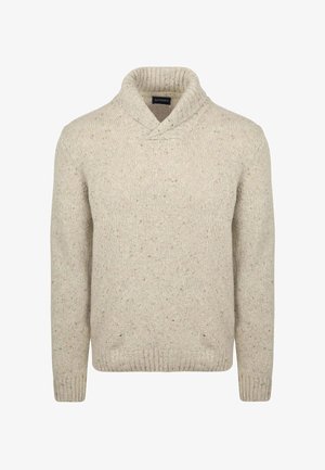 Beiger Strickpullover mit Schalkragen, verziert mit einem strukturierten Muster sowie gerippten Bündchen und Saum. Hergestellt aus einem warmen, gemütlichen Wollmischgewebe.