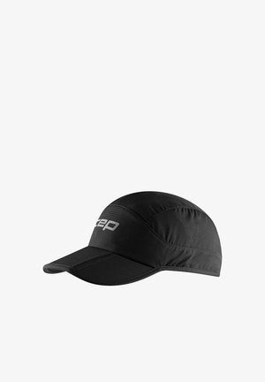 Schwarz laufende Kappe mit einem Schild, aus leichtem, atmungsaktivem Stoff. Verfügt über ein silbernes Markenlogo auf der Vorderseite und ein strukturiertes Design.