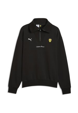 Sort langærmet pullover med kvart lynlås, Puma-logo, Ferrari-skjoldemblem og "Scuderia Ferrari" tekst på forsiden.
