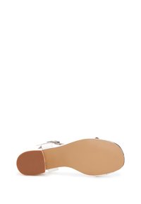 Sandal de tacón alto transparente con parte superior lisa y transparente, suela color marrón y detalle de hebilla plateada. Presenta una punta redondeada y una textura mínima.