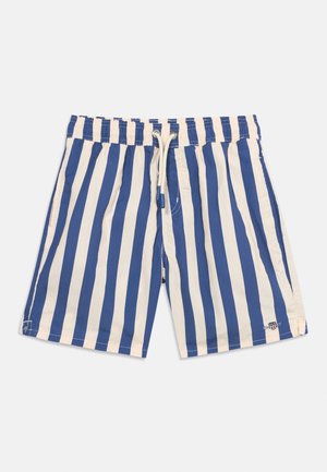 Bañador corto con rayas verticales azules y blancas, cintura elástica y cordón blanco, con pequeño emblema de logo en el dobladillo inferior.