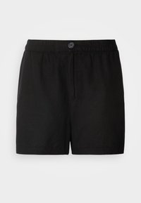 Shorts décontractés noirs avec taille élastique, bouton à l'avant et fermeture éclair, présentés sur fond blanc.