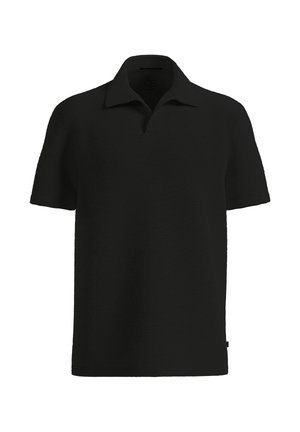 Zwart poloshirt met korte mouwen, geribbelde textuur en kraag, getoond tegen een witte achtergrond.