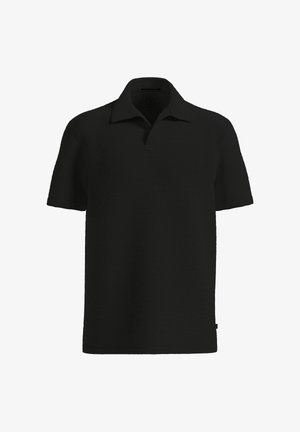 Zwart poloshirt met korte mouwen, geribbelde textuur en kraag, getoond tegen een witte achtergrond.