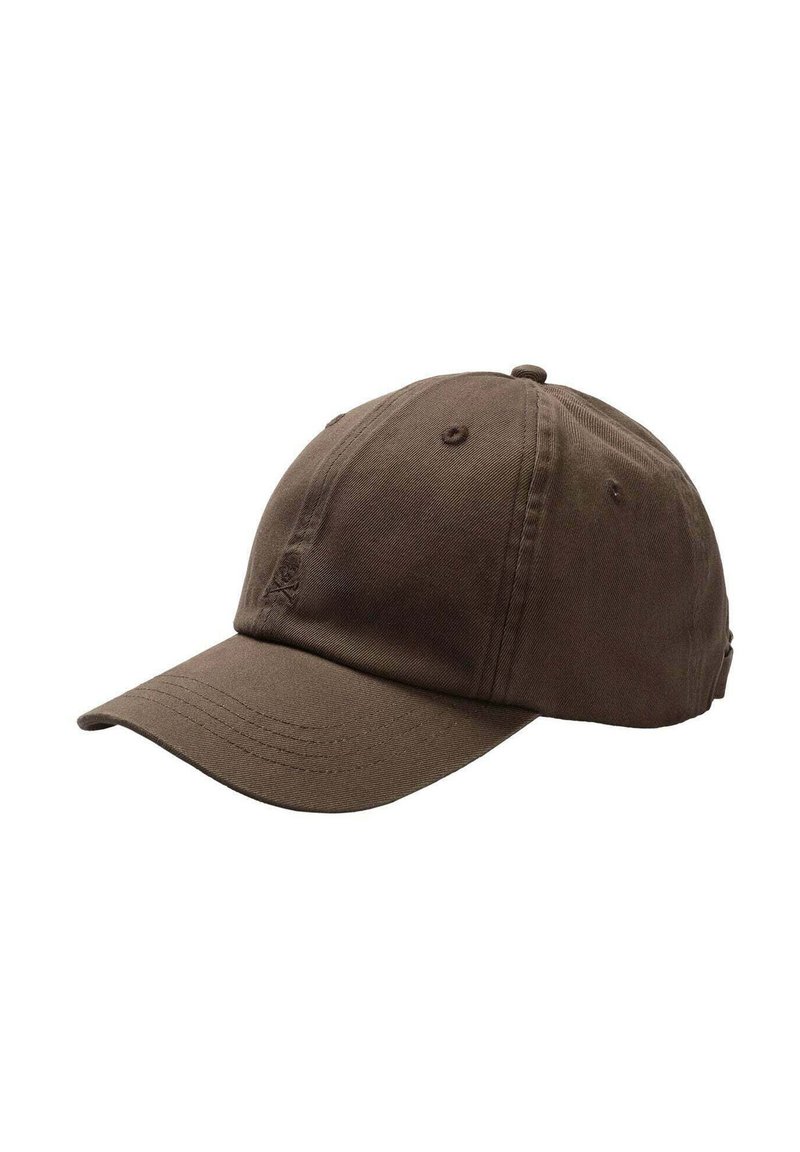 Brun bomuldsbaseballcap med buet skygge, syede detaljer og en knap på toppen, der har ventilationshuller på siderne.