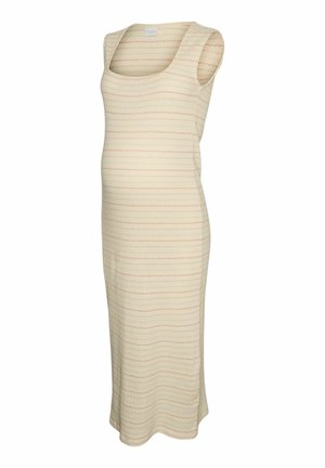 Bež midi haljina bez rukava s laganim horizontalnim cikcak prugama u prigušenim bojama i izrezom u obliku slova U.