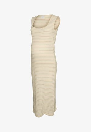 Vestido midi sin mangas beige con sutiles rayas horizontales en zigzag en colores apagados y escote redondo.