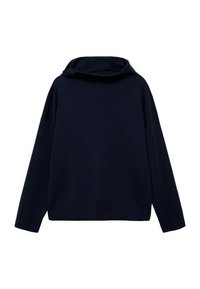 Maglione blu navy con colletto alto, maniche ampie e vestibilità rilassata. Texture morbida e design minimalista senza motivi o elementi visibili.