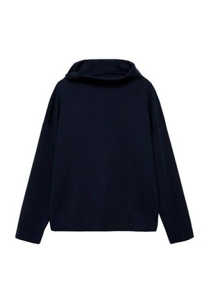 Pull en bleu marine avec un col haut, des manches larges et une coupe décontractée. Texture douce et design minimaliste sans motifs ni éléments visibles.
